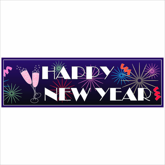 happy new year wall sign with fireworks and champagne glasses, 16x5 holiday decor