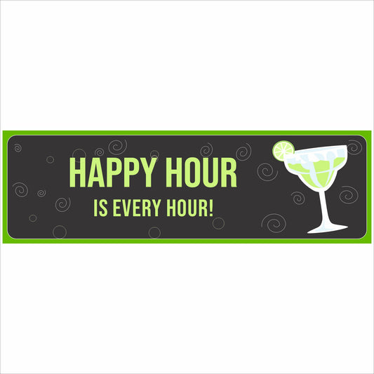 happy hour margarita sign close up black background green border funny bar decor horizontal wall sign cocktail theme