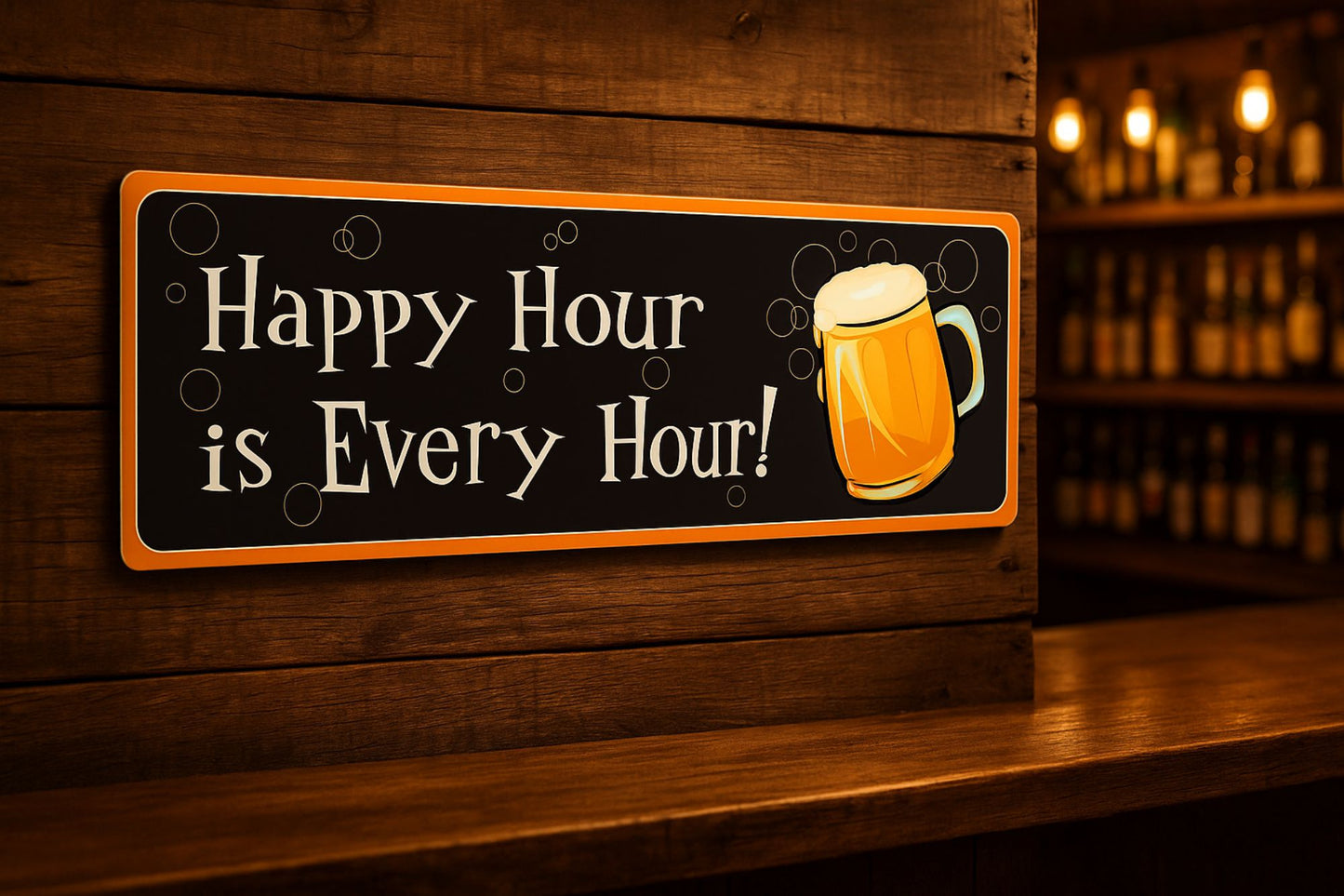 Happy Hour is Every Hour wall sign displayed on wood wall with warm bar lighting