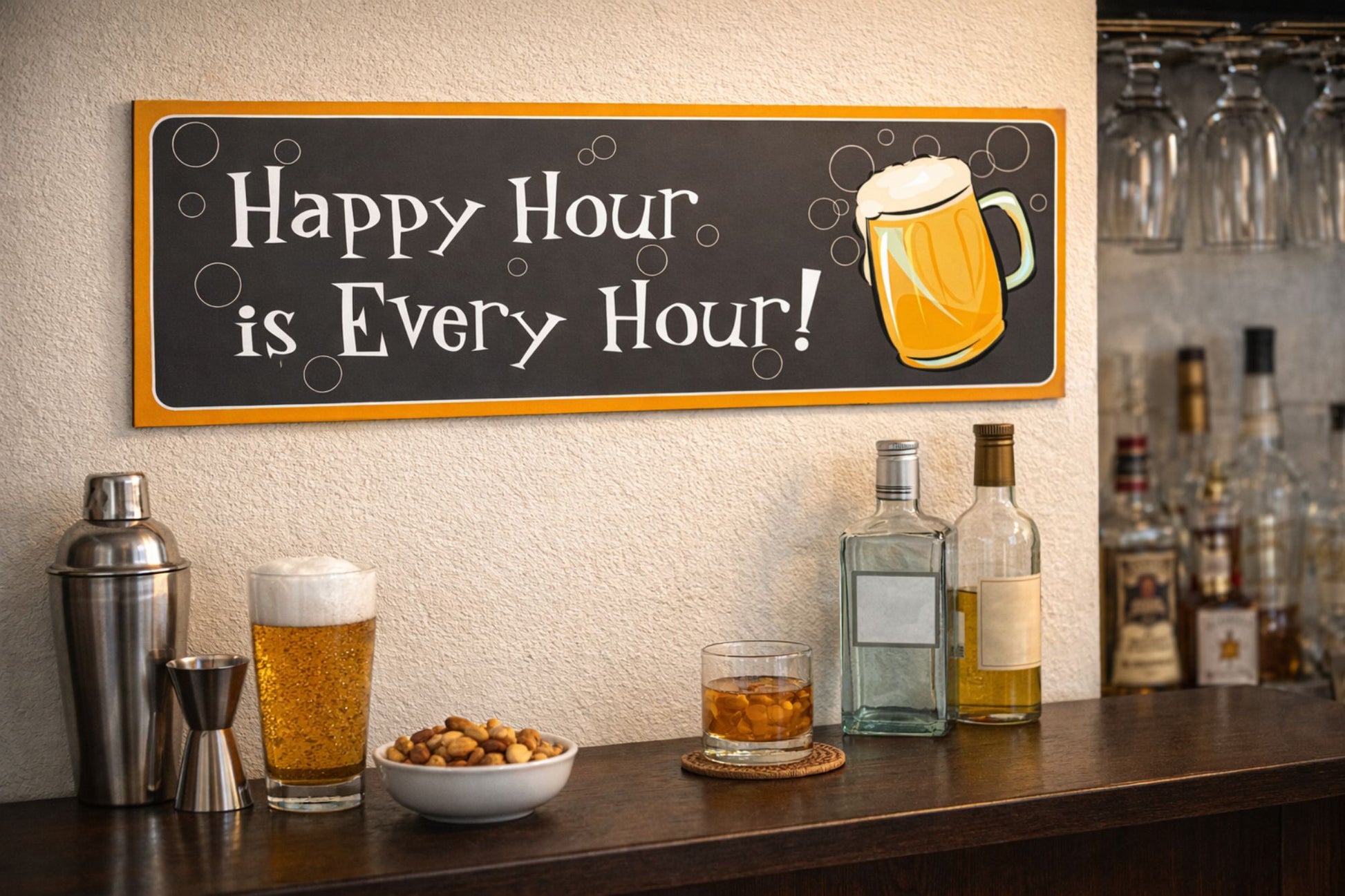 16x5 Happy Hour sign mounted above bar counter with beer glass and bottles for realistic size reference