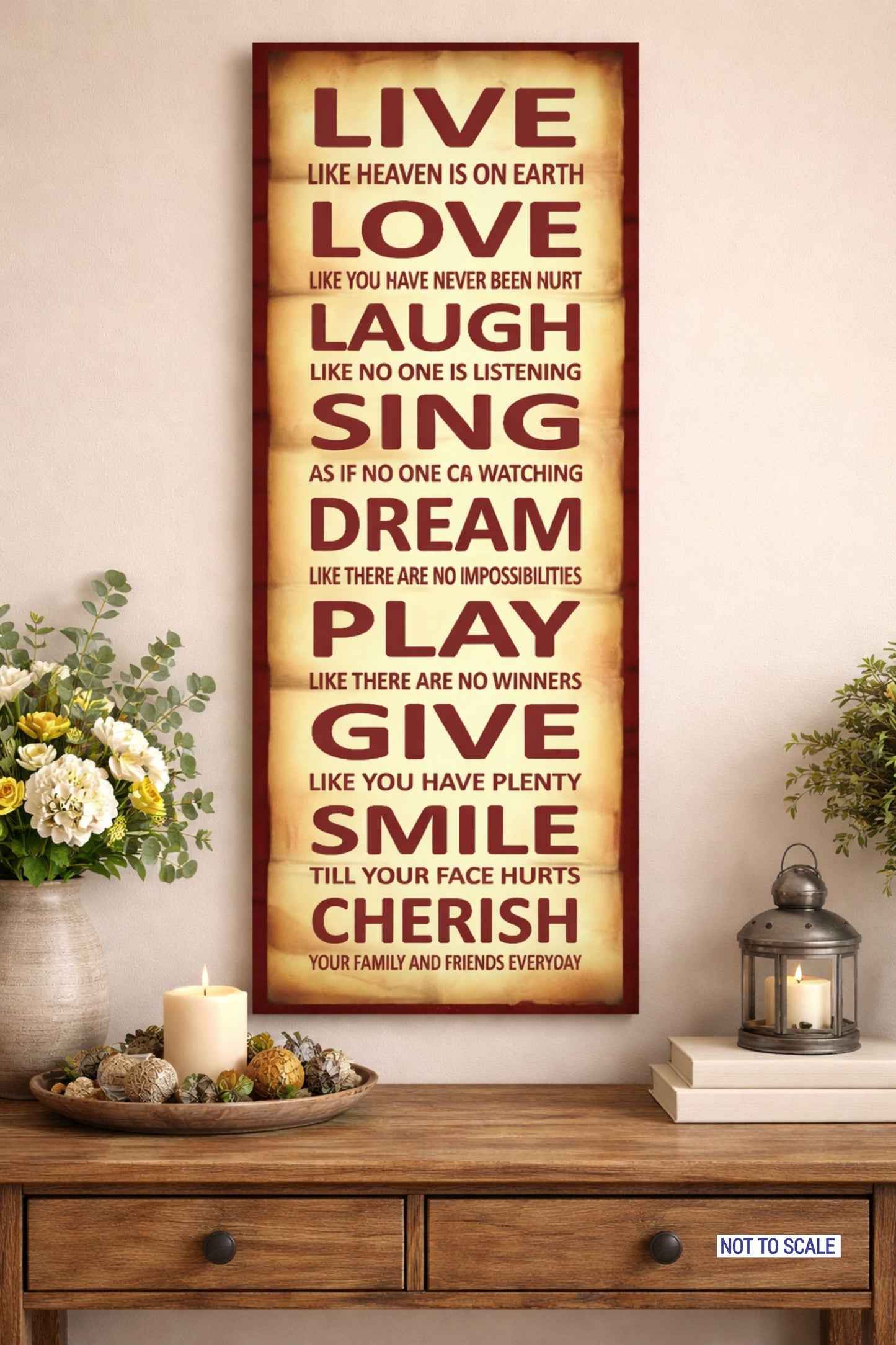 Live Love Laugh sign displayed above console table with decor