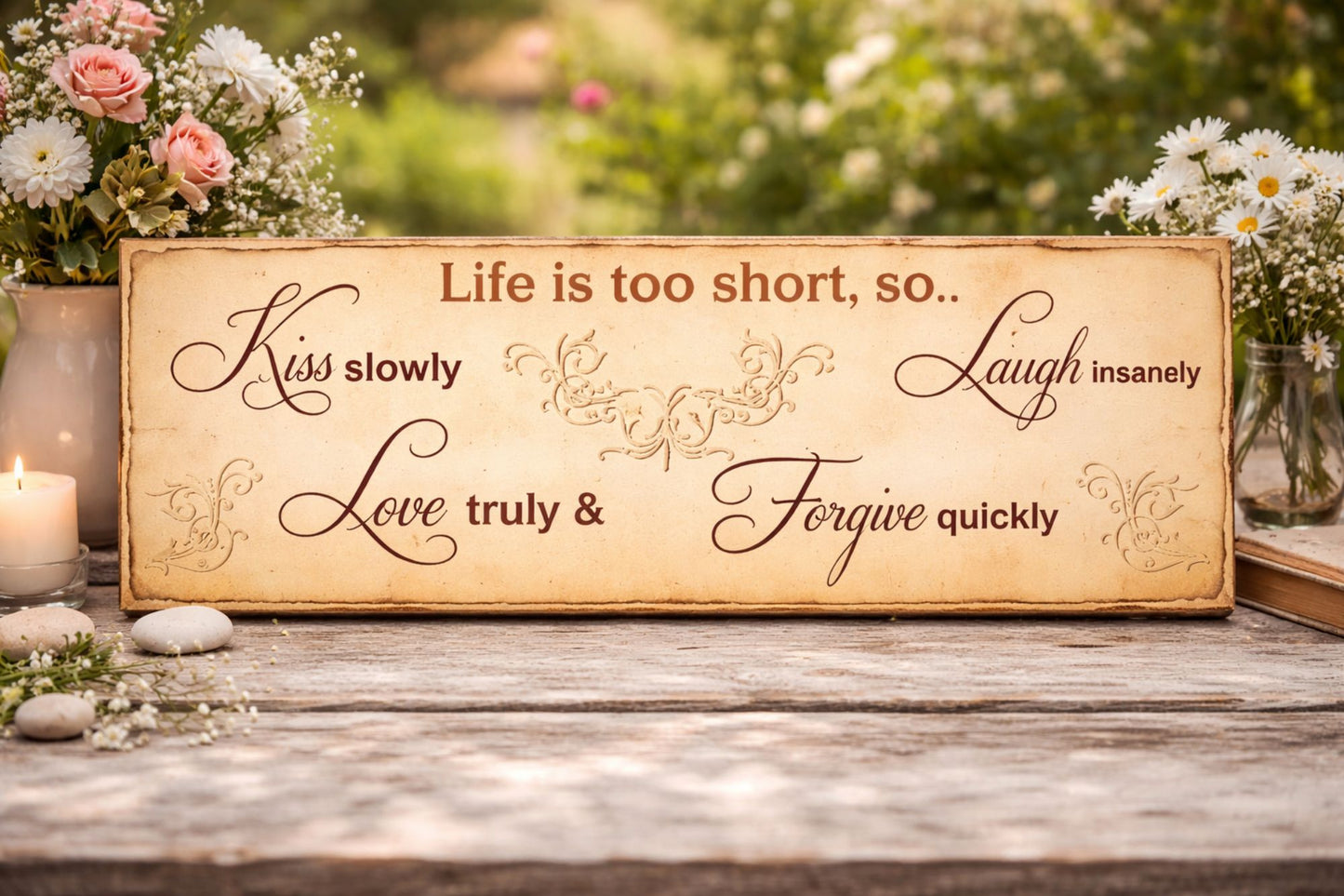 Life is too short inspirational sign displayed on rustic table with flowers candle and books vintage parchment quote decor
