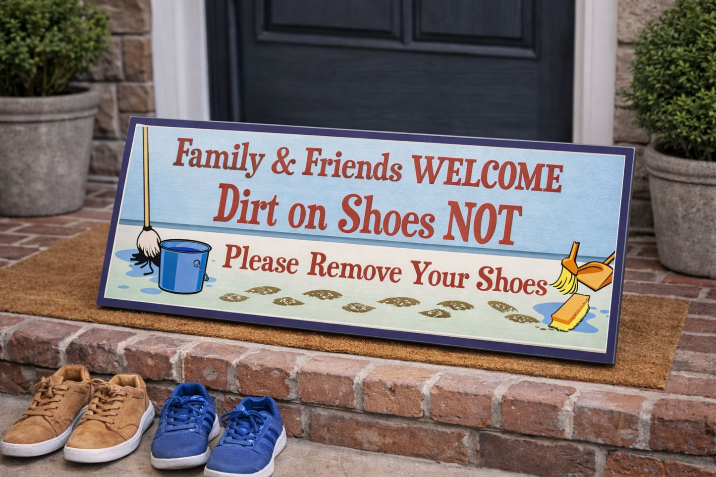 remove shoes sign displayed on front porch step with shoes beside it outside entryway