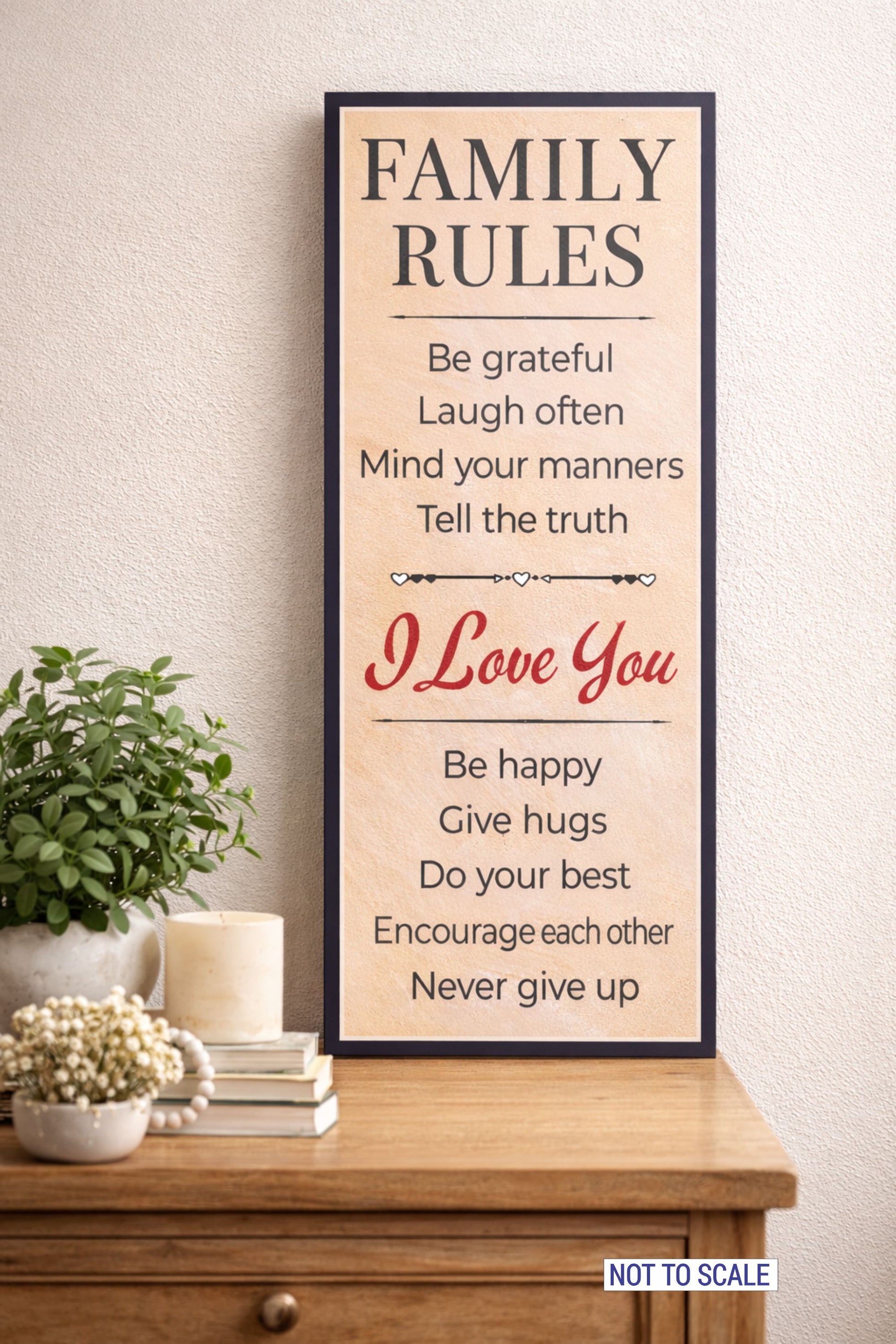 family rules sign leaning on console table with plant and books farmhouse style inspirational family wall decor