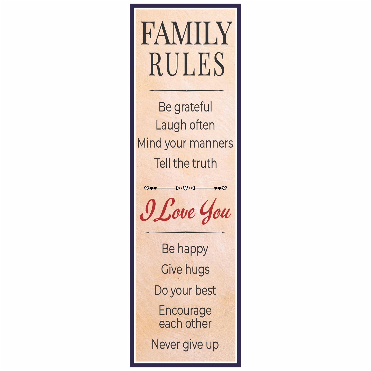 Family Rules inspirational vertical wall sign with warm neutral background and typography layout
