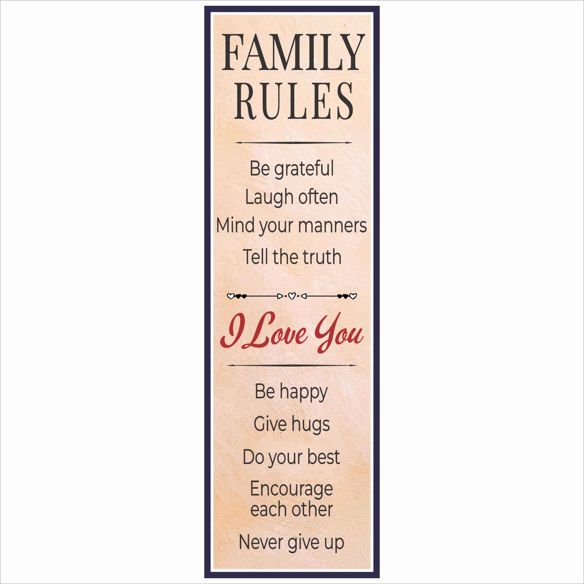 Family Rules inspirational vertical wall sign with warm neutral background and typography layout