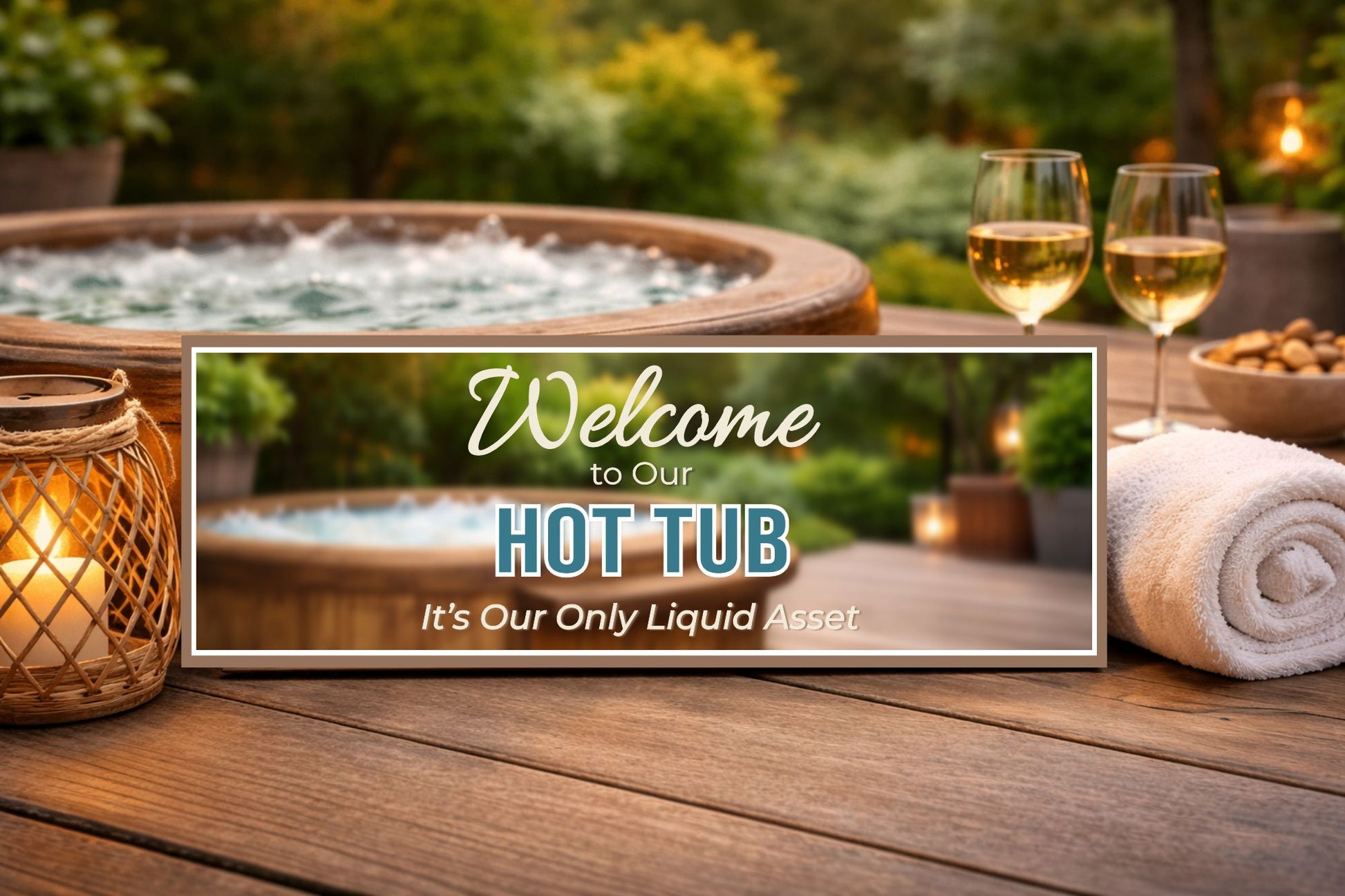Lifestyle image of 16x5 hot tub sign displayed on outdoor wooden table with towels candle and spa setting