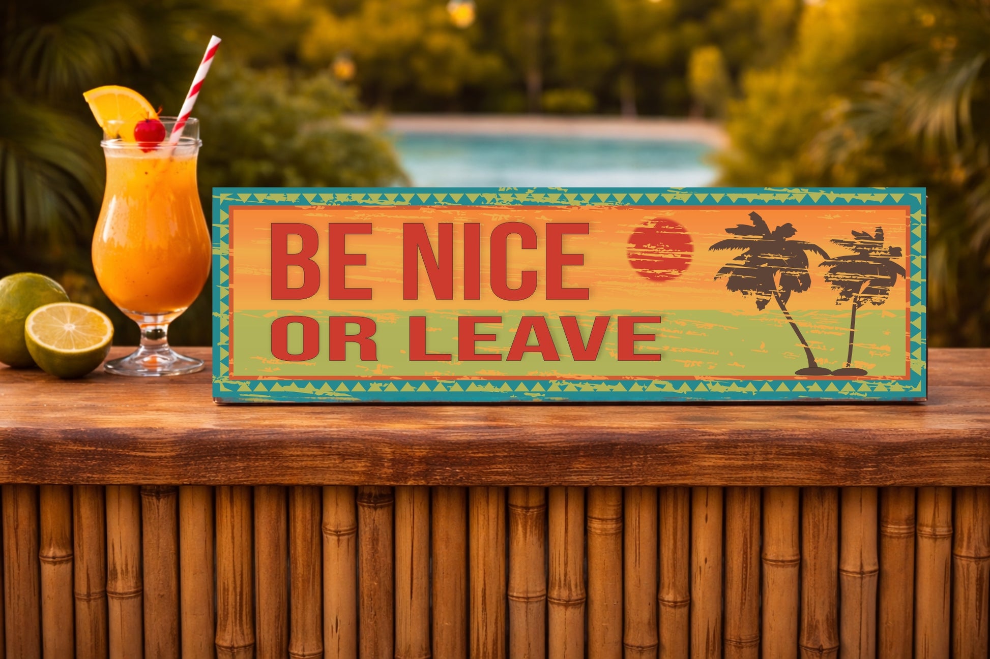 be nice or leave tropical beach sign sunset palm trees rectangular bar decor displayed on wooden bar top