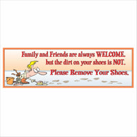 16x5 inch please remove your shoes wall sign with cartoon illustration and bold red lettering