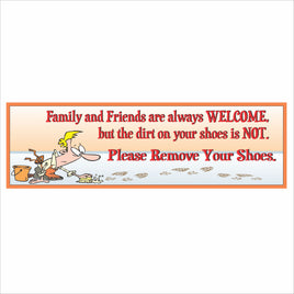 16x5 inch please remove your shoes wall sign with cartoon illustration and bold red lettering