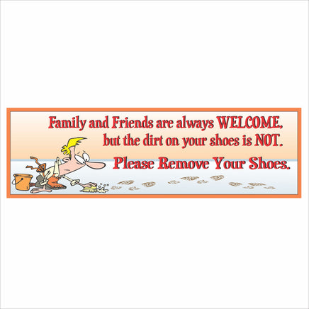 16x5 inch please remove your shoes wall sign with cartoon illustration and bold red lettering