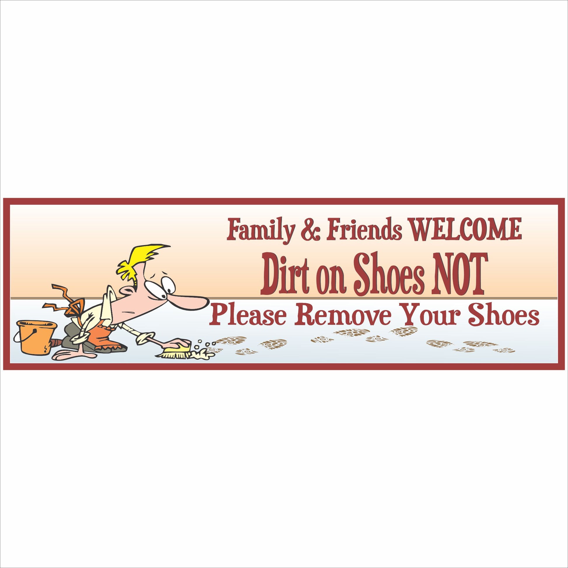 funny remove shoes sign close up with cartoon man tracking dirt and bold welcome text