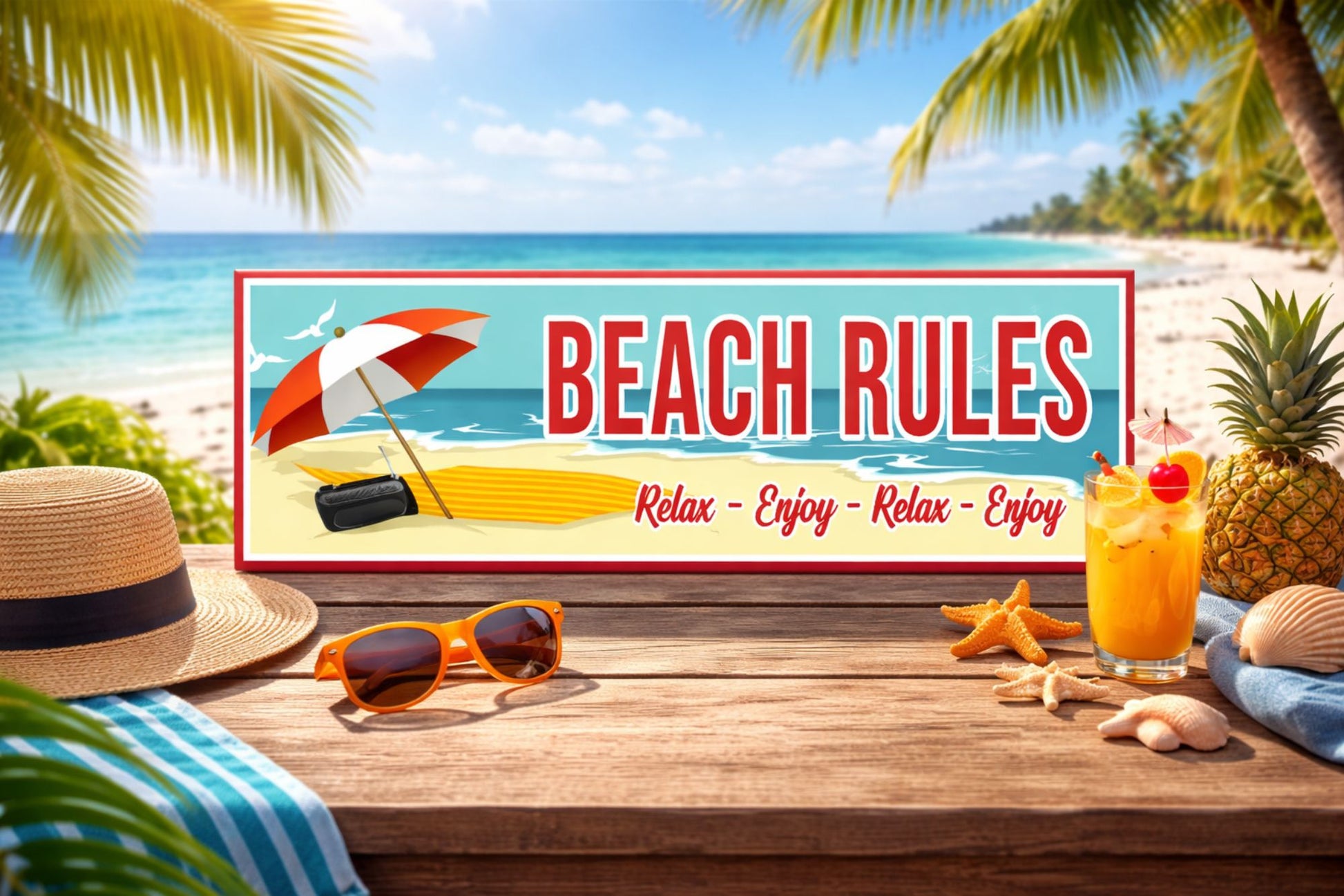 Beach Rules sign displayed on beach themed setting with coastal decor accents