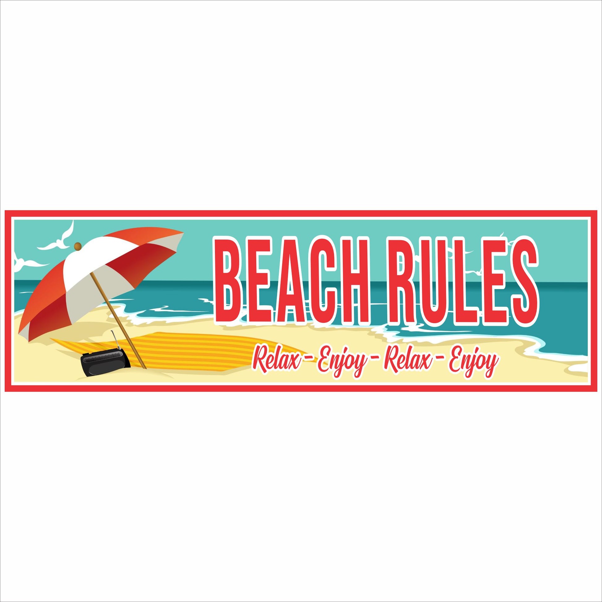 Beach Rules coastal wall sign with umbrella and ocean illustration narrow horizontal design