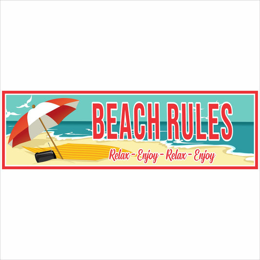 Beach Rules coastal wall sign with umbrella and ocean illustration narrow horizontal design