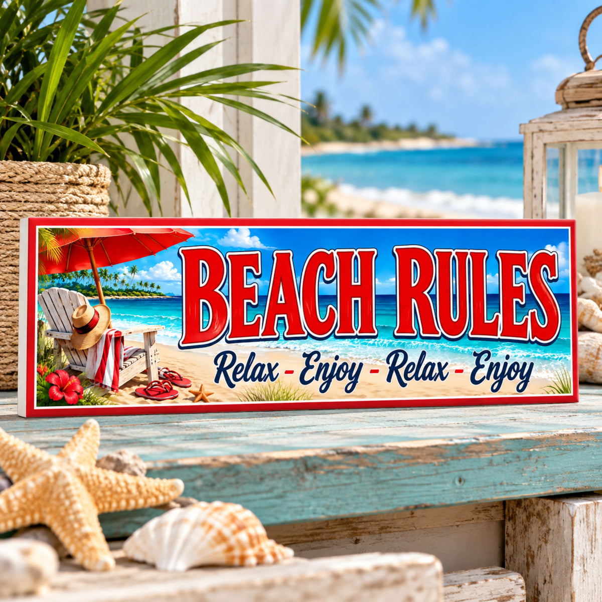 Beach Rules sign displayed on a coastal shelf with ocean view, seashells and tropical decor