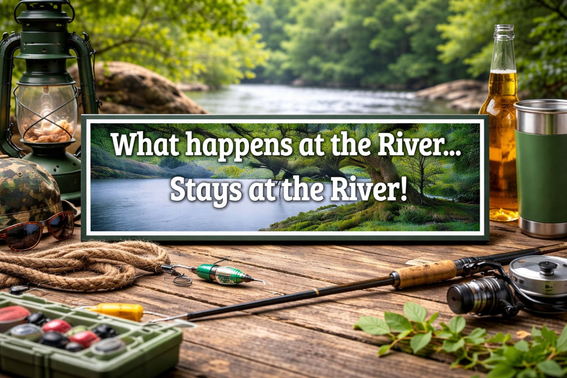 River cabin sign lifestyle display with outdoor gear and rustic setting