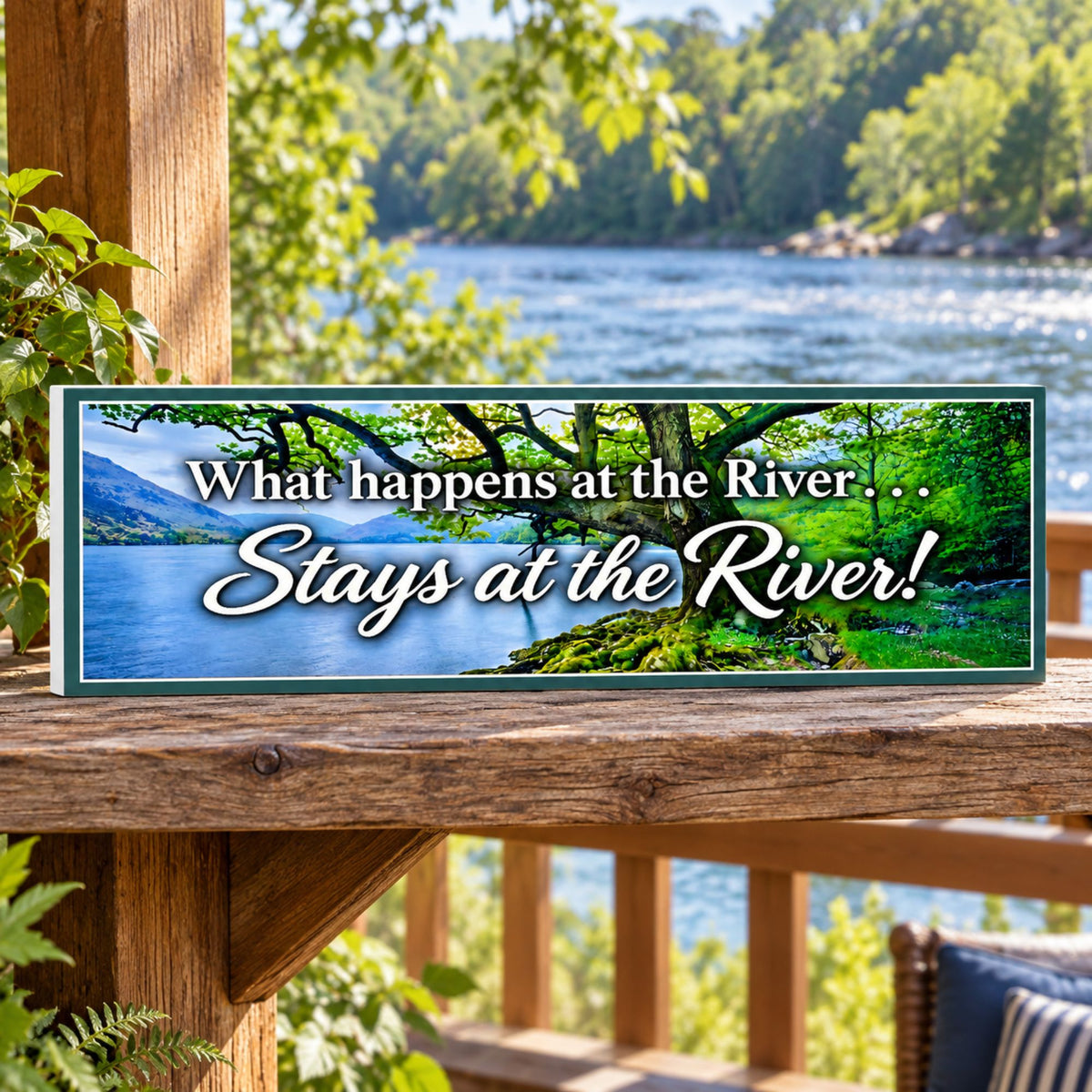 River quote sign on a rustic outdoor shelf overlooking the water, showing a subtle white PVC edge.