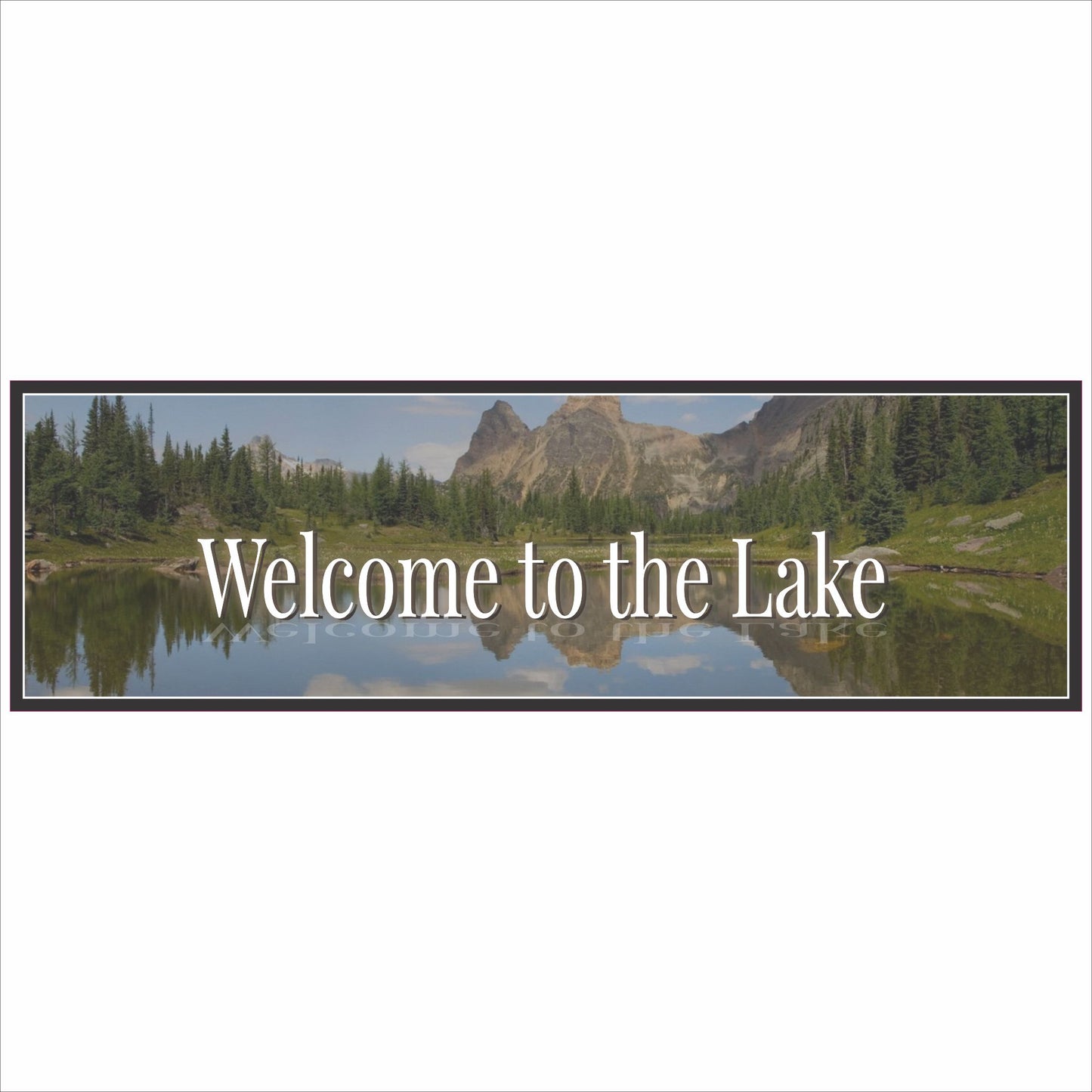 close up of lake sign with mountain reflection water scene narrow horizontal design