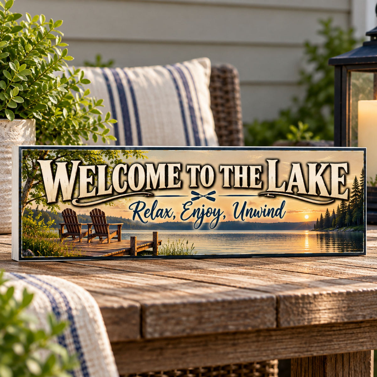 Lake house sign displayed on a rustic outdoor wooden table with greenery, patio furniture, and a lantern.
