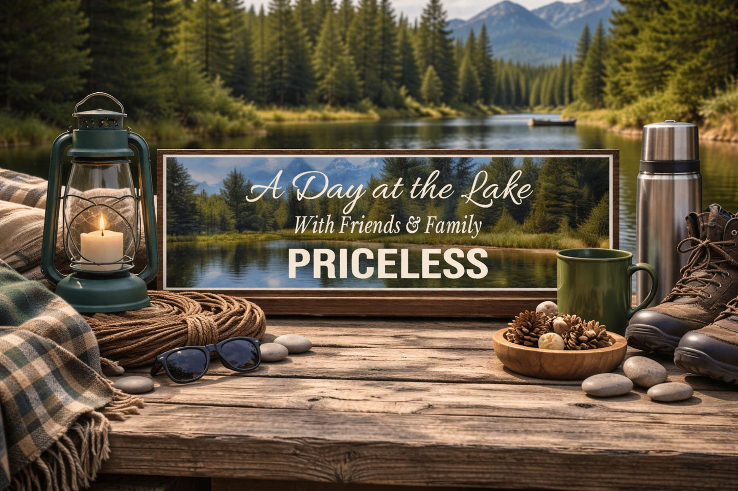 lake sign displayed on rustic outdoor table with lantern blanket and camping gear lakeside setting