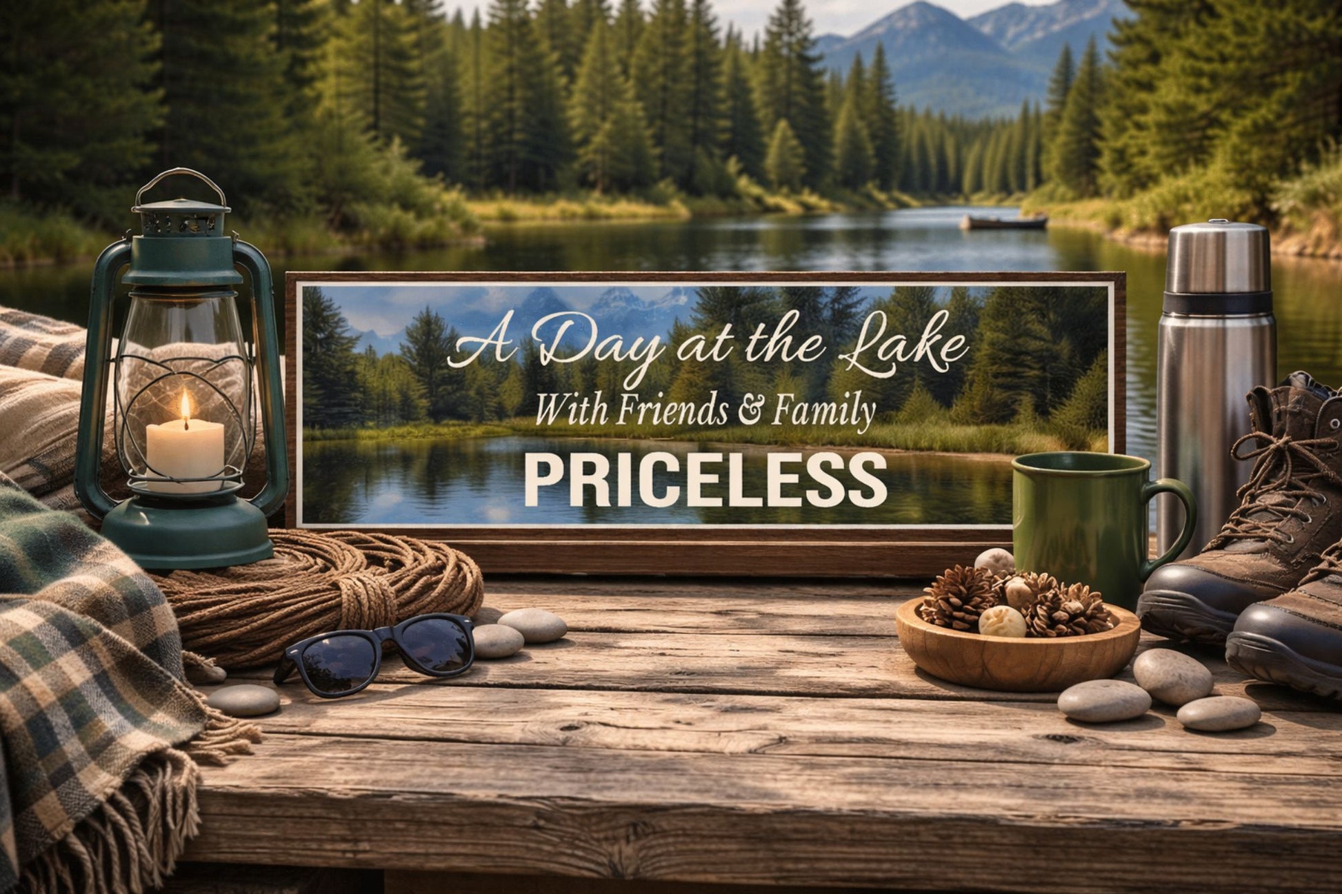 lake sign displayed on rustic outdoor table with lantern blanket and camping gear lakeside setting