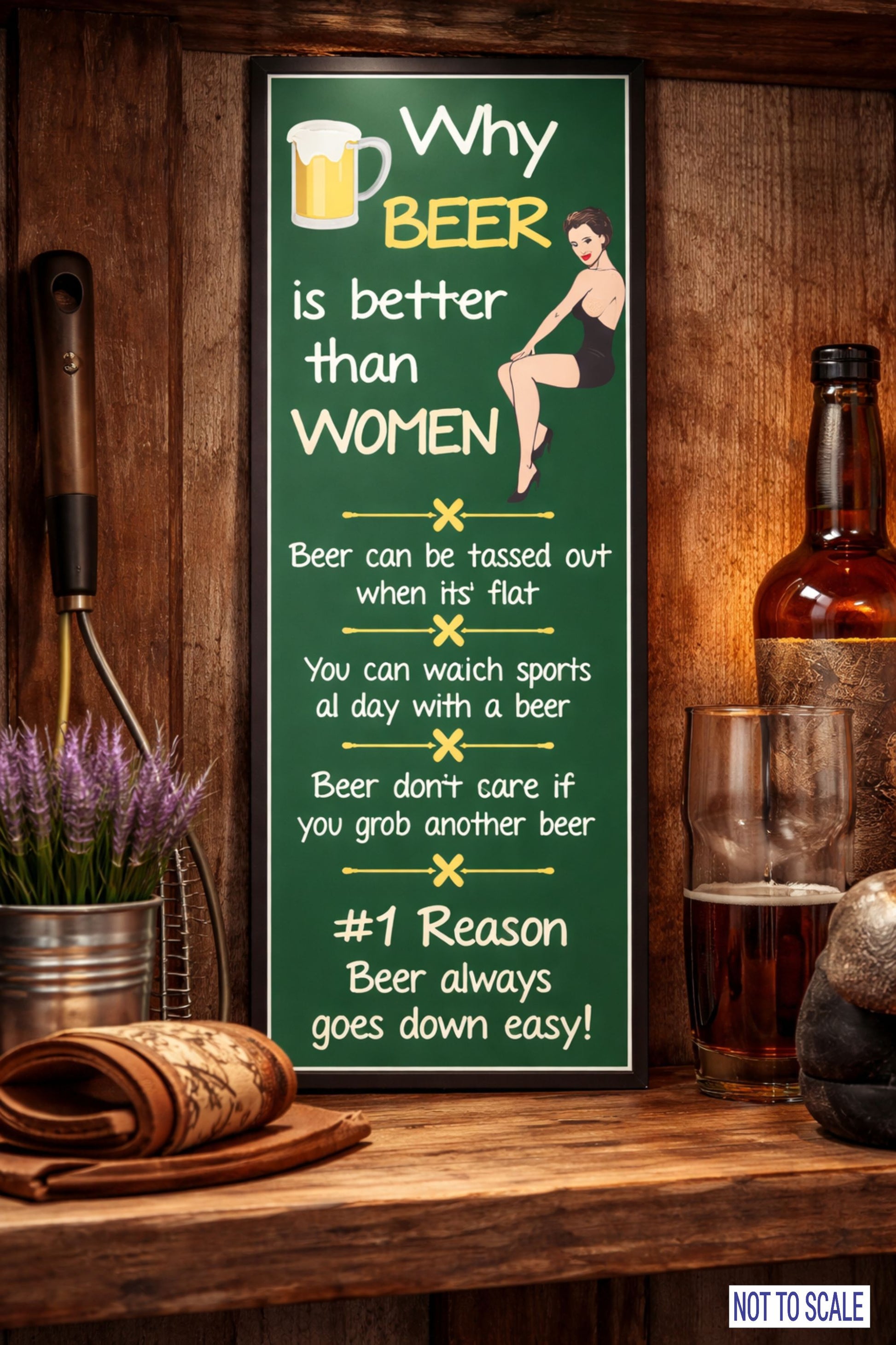 funny beer sign displayed on rustic wooden shelf with beer glass and decor