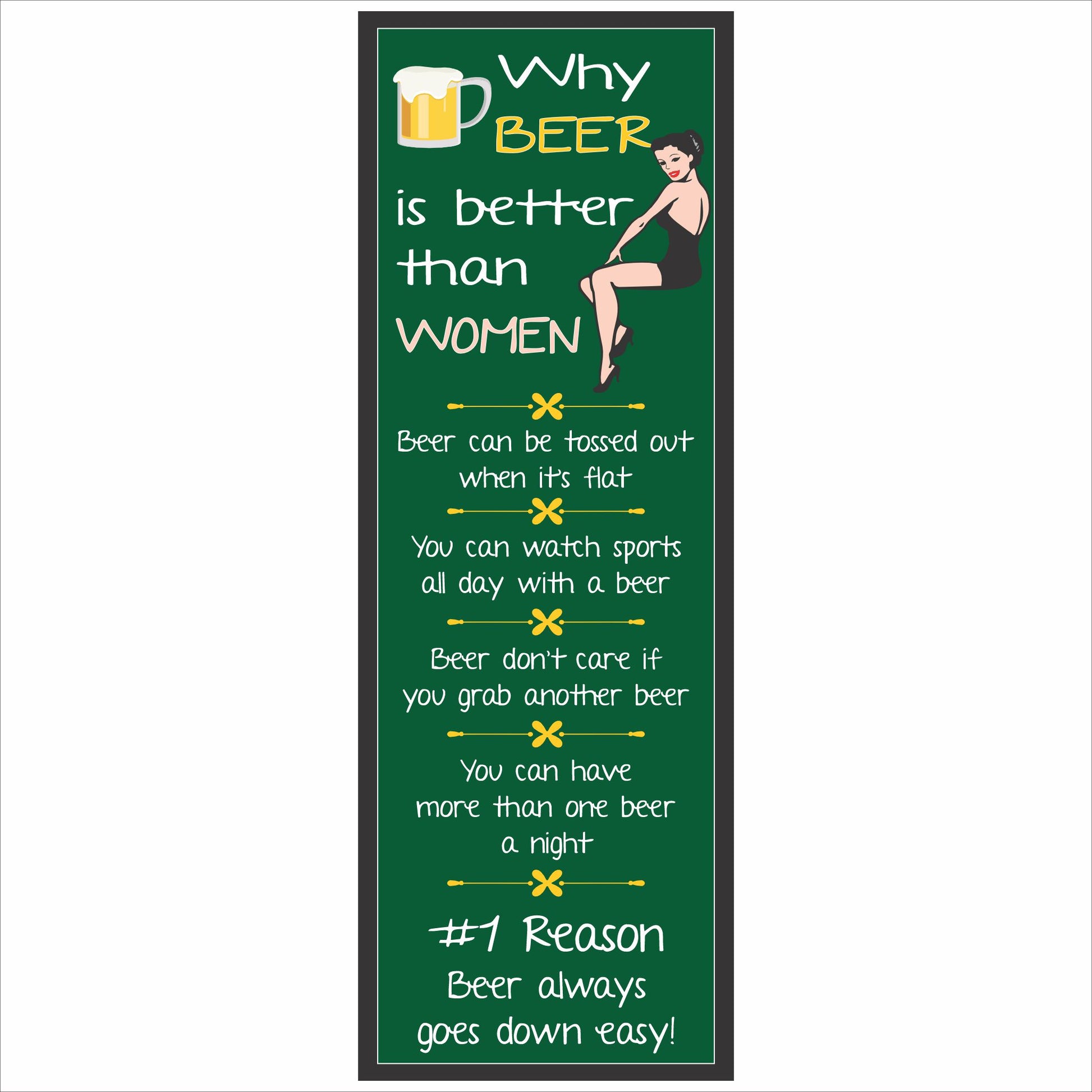 tall narrow funny beer bar sign with green background and retro illustration