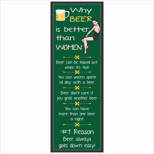 tall narrow funny beer bar sign with green background and retro illustration