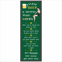 tall narrow funny beer bar sign with green background and retro illustration
