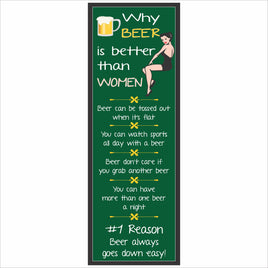 tall narrow funny beer bar sign with green background and retro illustration