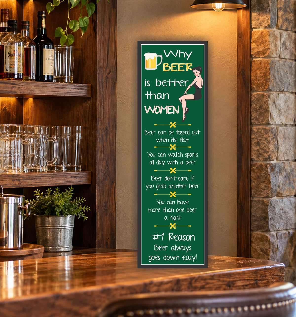 funny beer sign displayed on rustic wooden shelf with beer glass and decor
