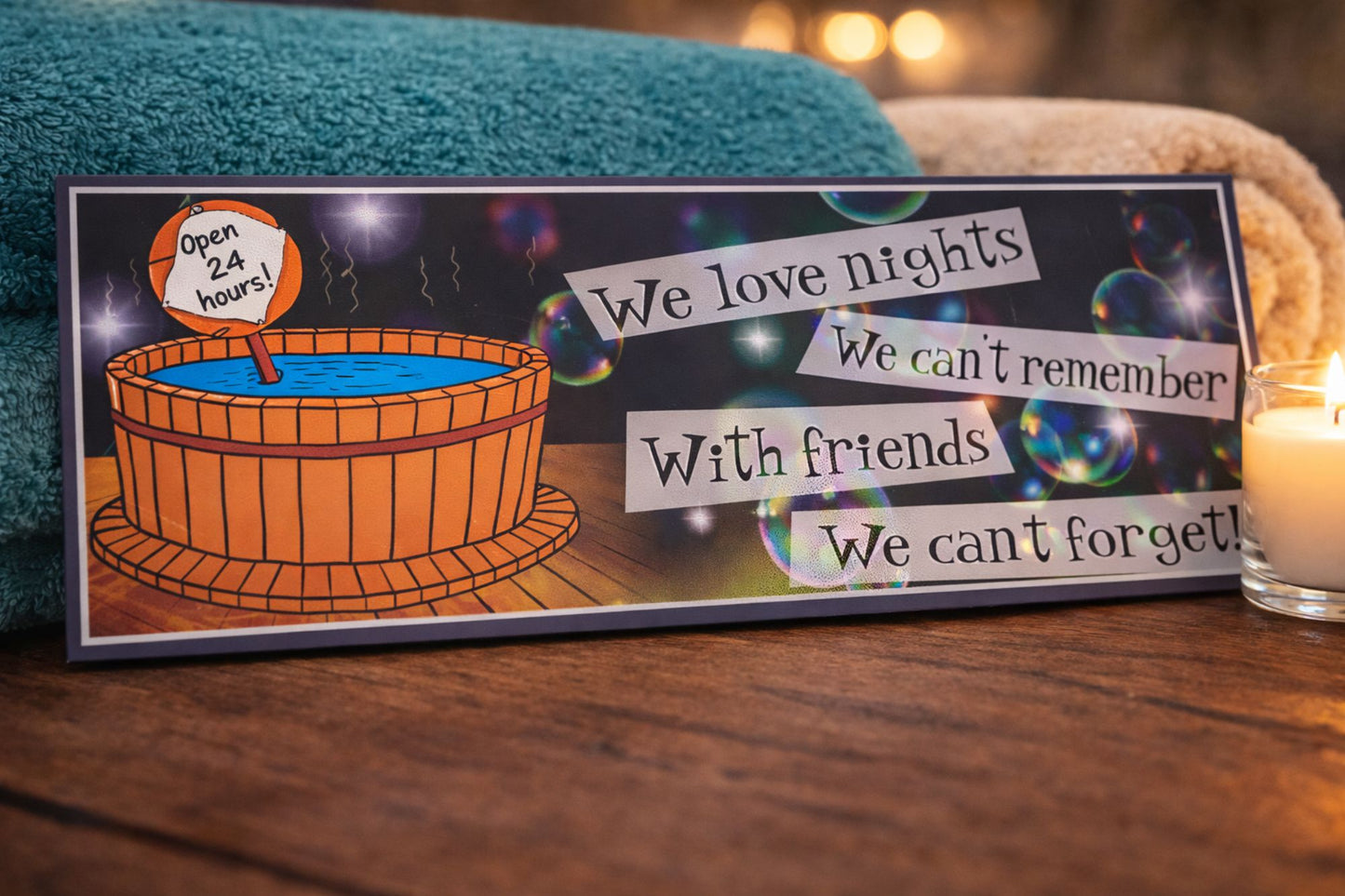 hot tub sign leaning on outdoor table with spa towels
