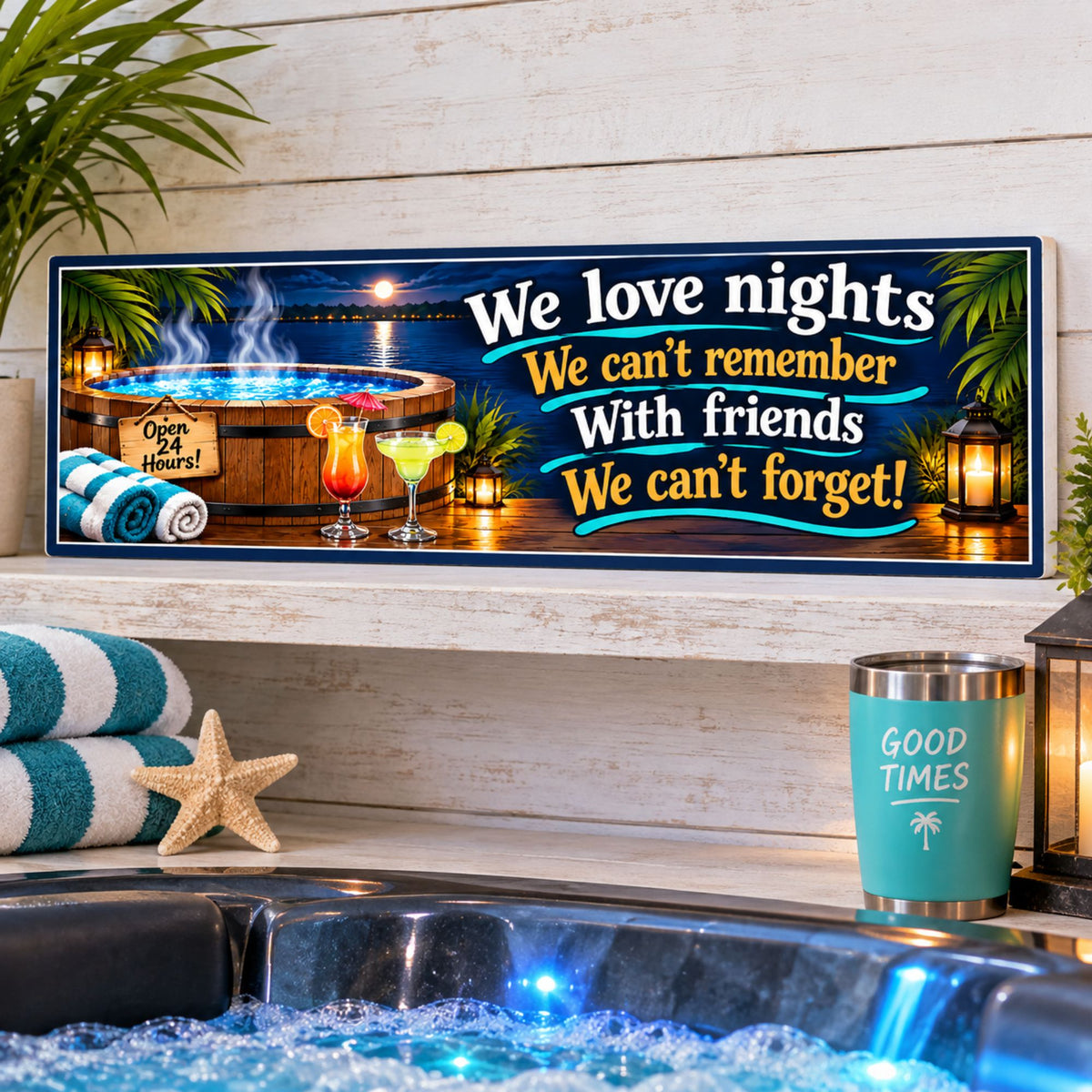 Funny hot tub sign displayed beside a bubbling spa with tropical accents and visible white PVC edge.