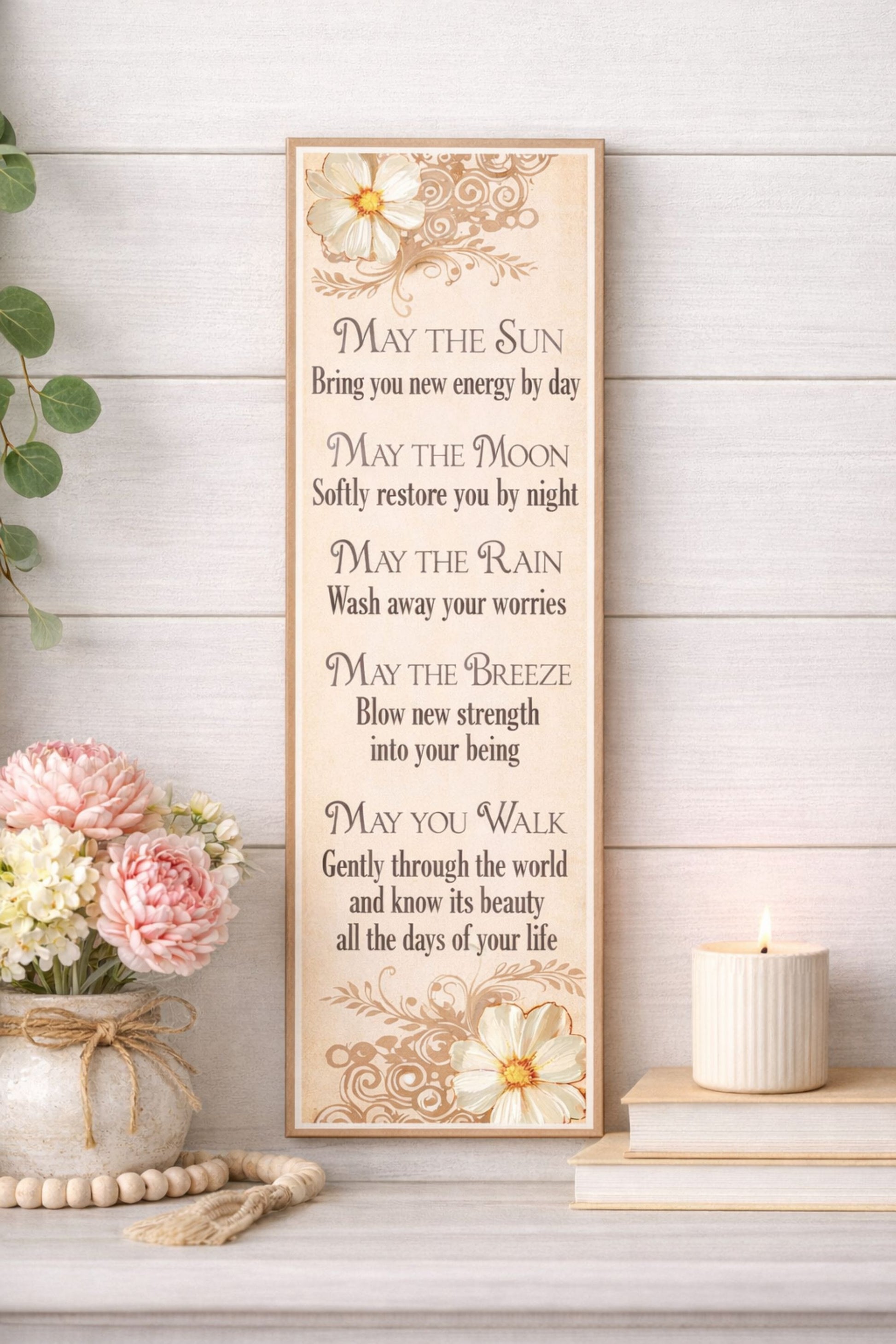Inspirational friendship blessing wall sign displayed in soft neutral home decor setting