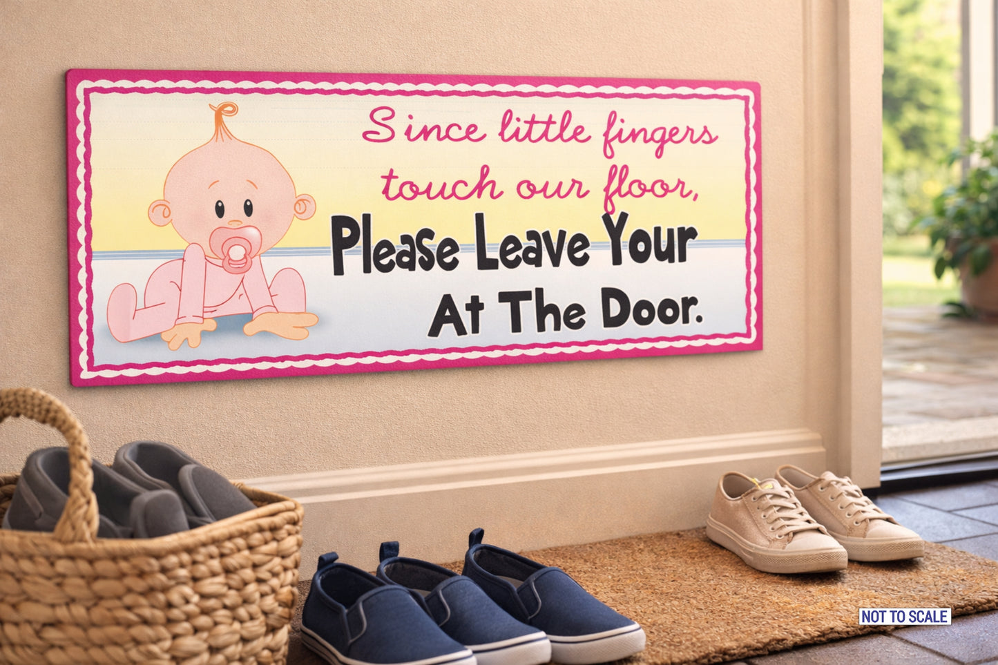 Lifestyle entryway scene with shoes sign displayed