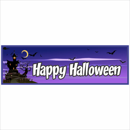 Happy Halloween haunted house sign purple sky bats moon 16x5 PVC wall sign