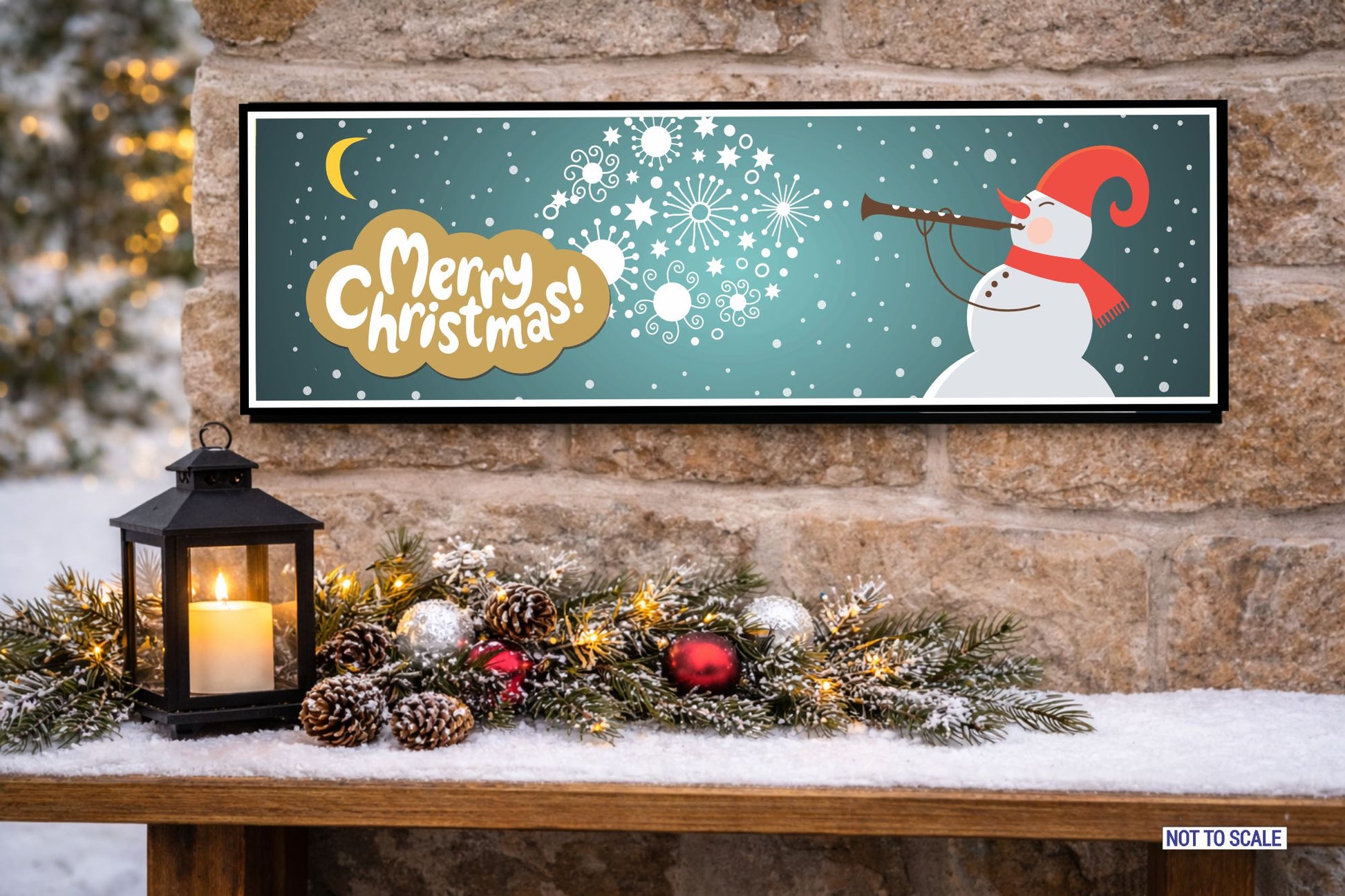 Merry Christmas snowman sign displayed on outdoor winter wall
