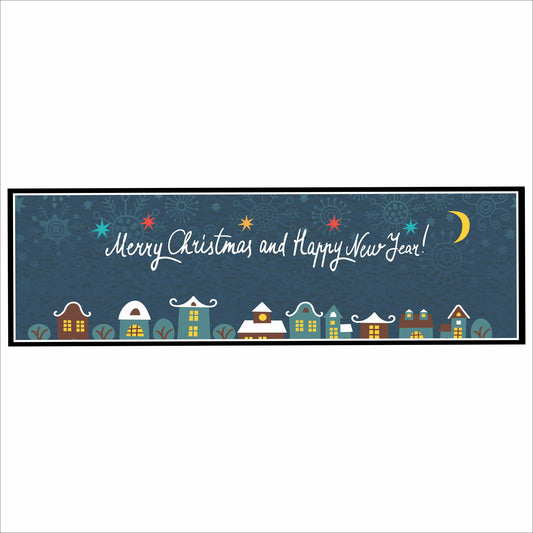 Merry Christmas and Happy New Year holiday wall sign winter village design on blue background