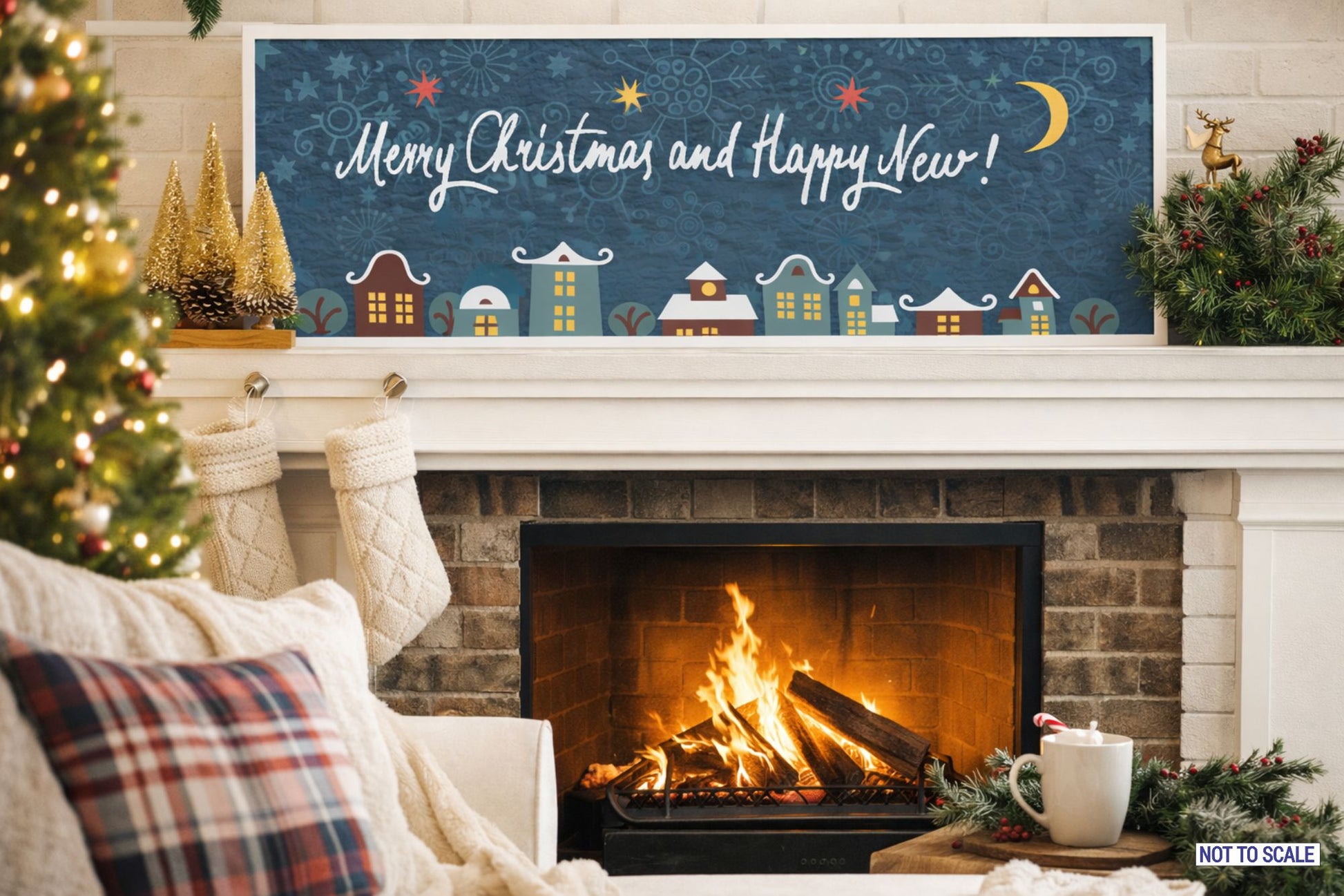 Merry Christmas and Happy New Year sign displayed above fireplace in cozy holiday living room