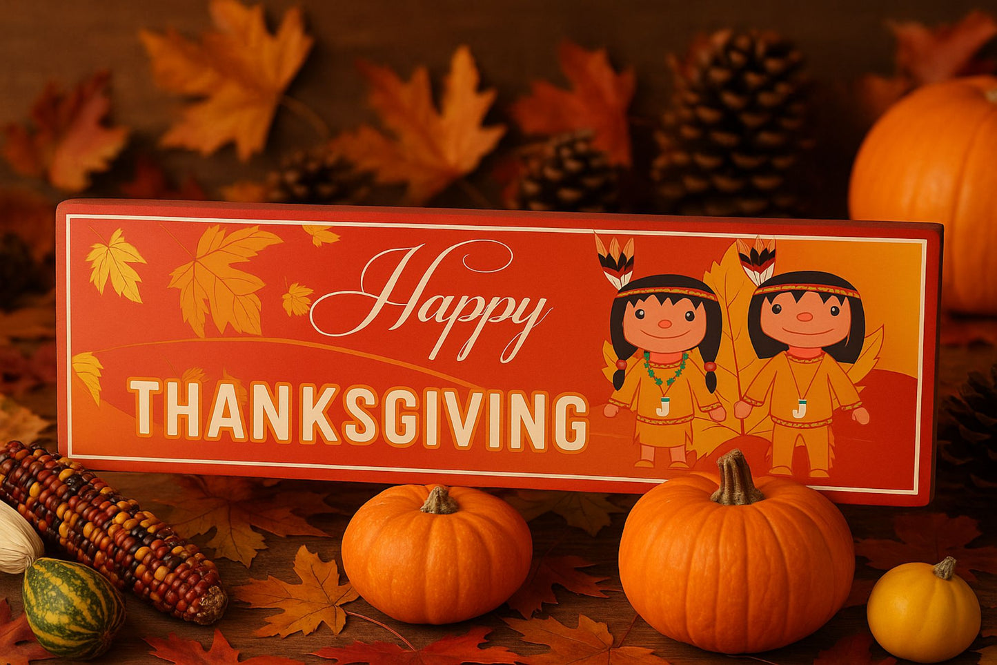 Happy Thanksgiving fall wall sign displayed with pumpkins and autumn decorations