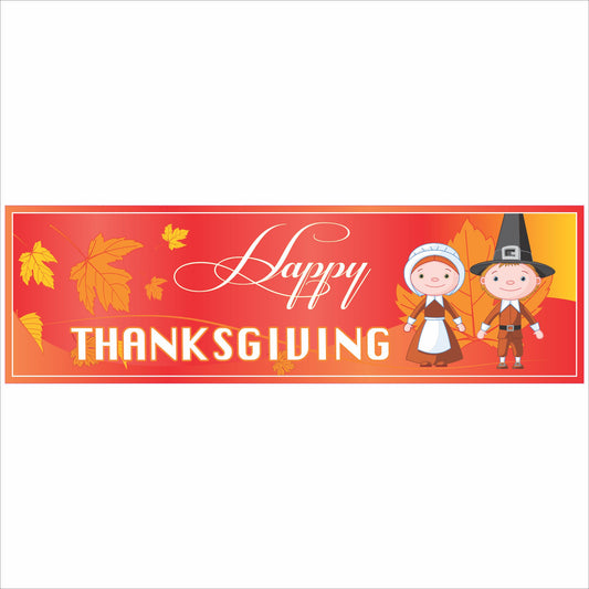 Happy Thanksgiving pilgrim sign with autumn leaves and fall colors 5x16 holiday wall decor