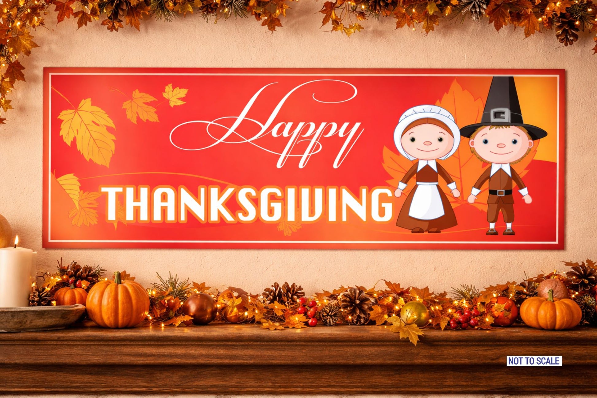 Happy Thanksgiving pilgrim wall sign displayed above mantel with pumpkins and fall decorations
