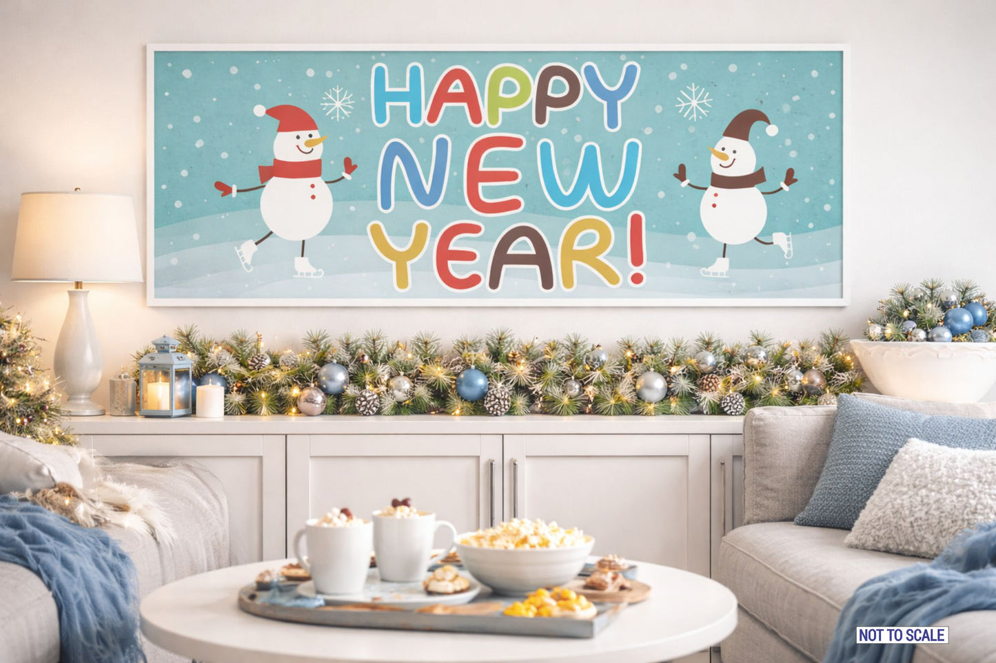 Happy New Year snowman sign displayed in cozy winter living room