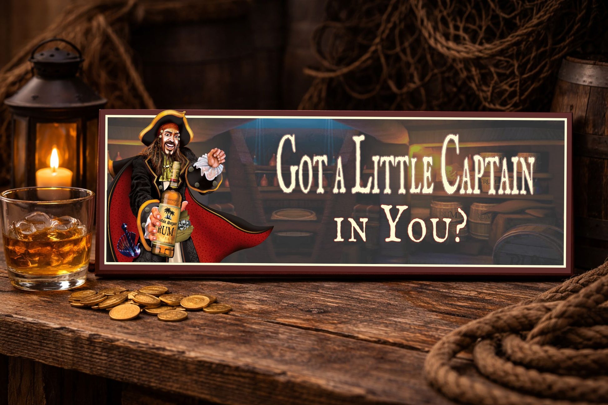 pirate bar sign got a little captain in you displayed on rustic wooden bar with lantern coins and rope decor