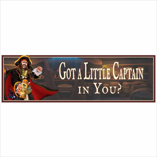 got a little captain in you pirate bar sign close up showing detailed pirate character rum bottle and vintage tavern background