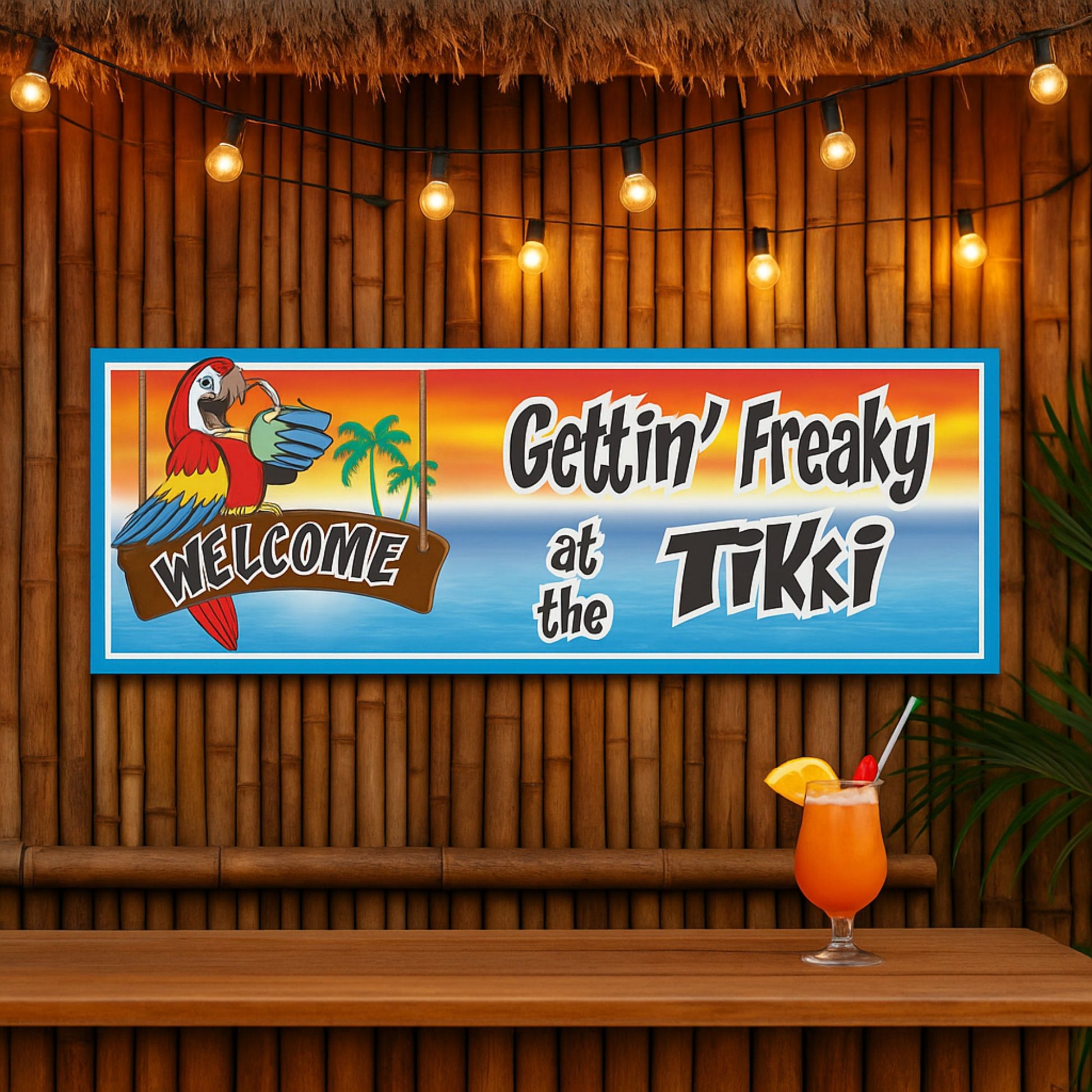 16x5 tiki bar sign mounted on bamboo wall with string lights and tropical drink for size reference