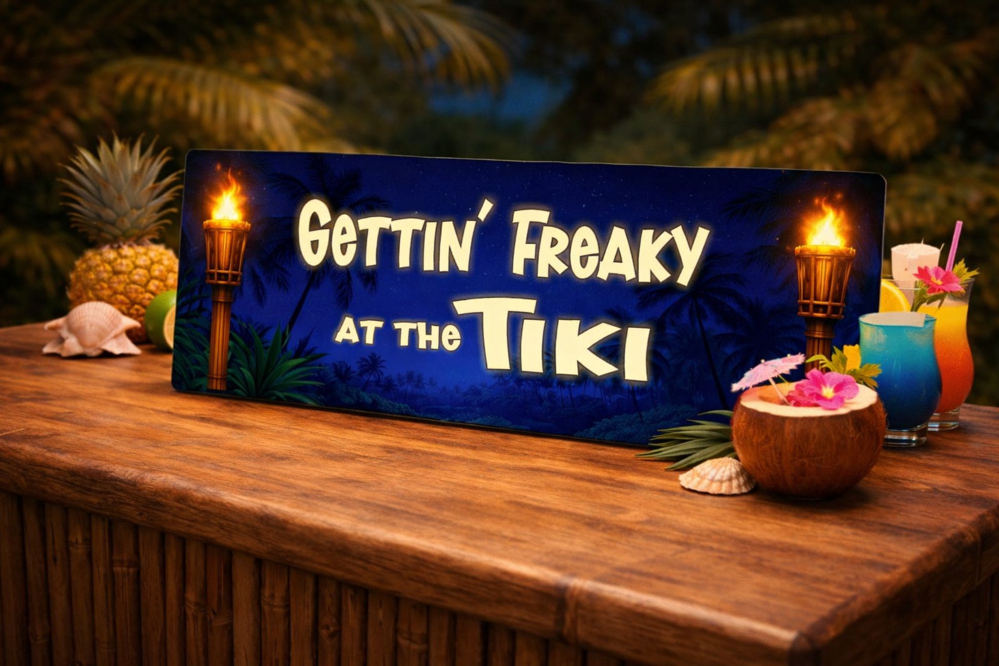 tiki bar sign displayed on wooden bar top with tropical drinks and island style background