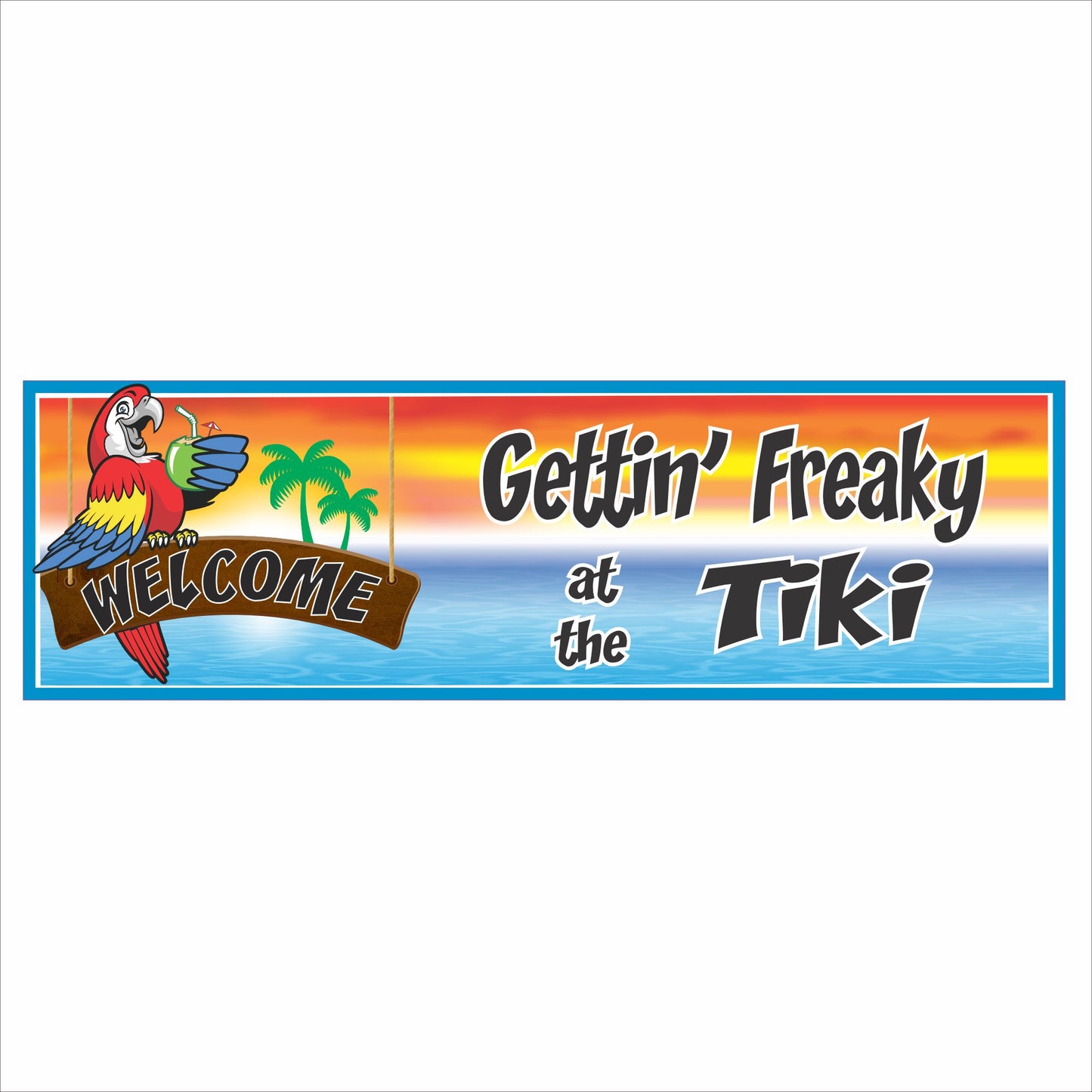 Tiki bar wall sign with parrot graphic and Gettin Freaky at the Tiki text in long narrow 16x5 format