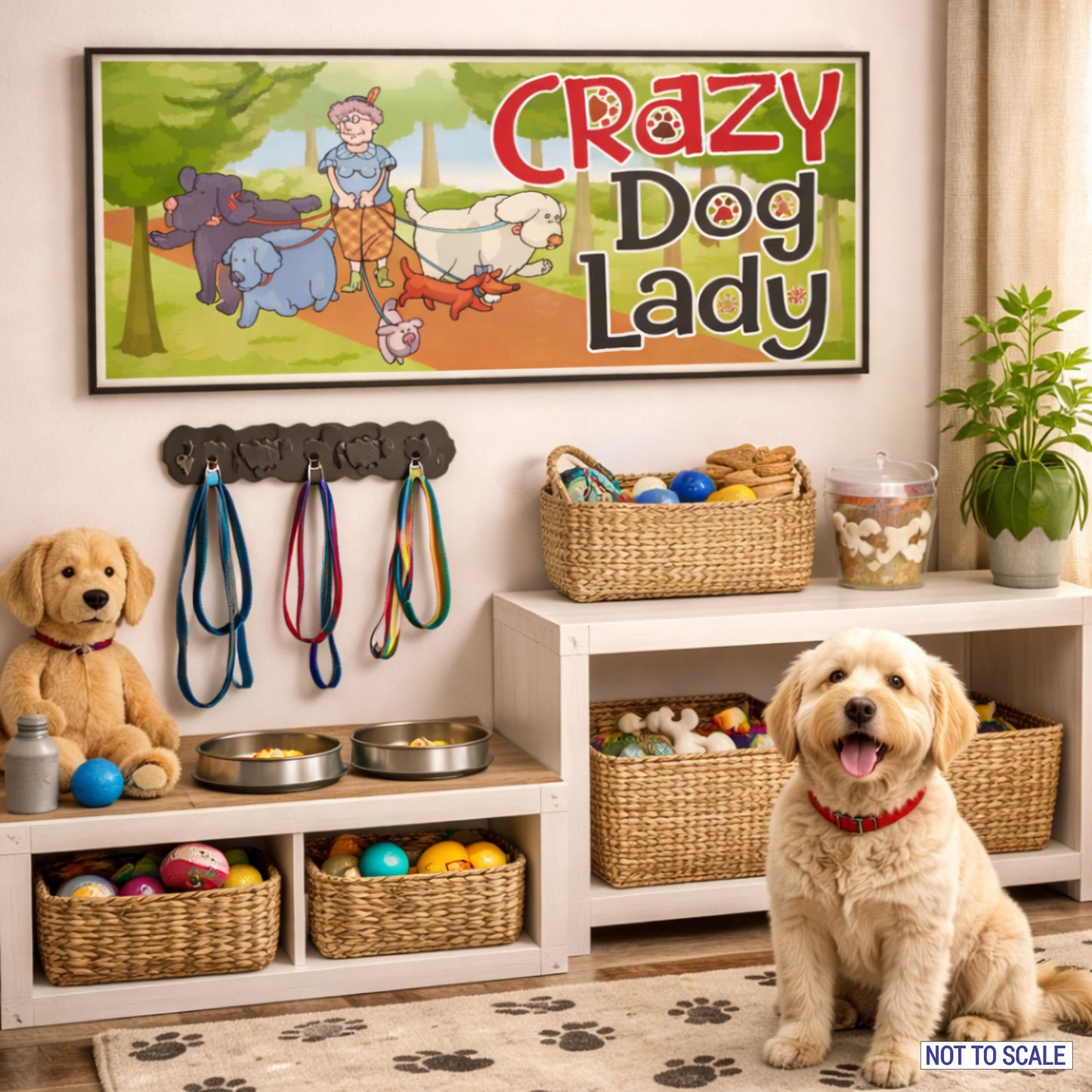 Crazy Dog Lady dog lover sign displayed in a cozy pet corner with dog toys, leash hooks, and a happy dog nearby